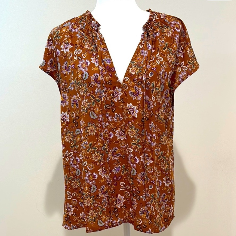 LOFT Burnt Orange Floral V-Neck Blouse